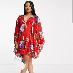16 ASOS DESIGN Curve button detail mini dress with blouson sleeve in red floral